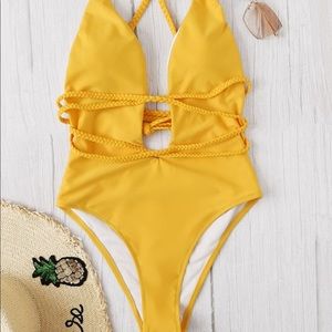 Shein Yellow One Piece Swimsuit Plunge Criss Cross